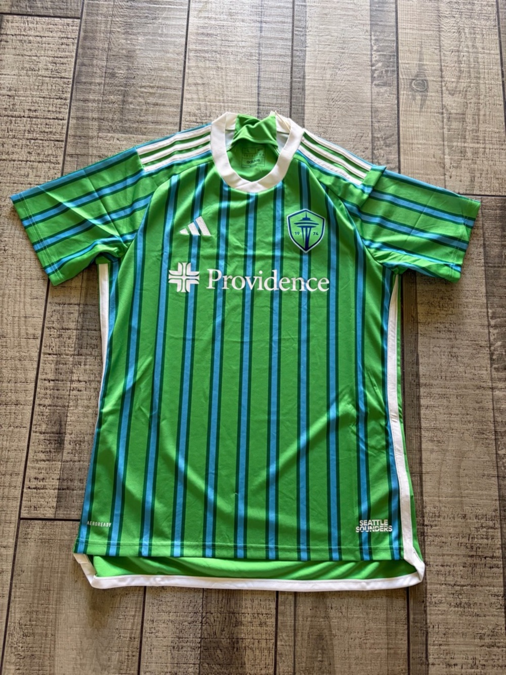 adidas Seattle Sounders Green and Blue Stripe Men's Soccer Jersey L